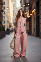 Women's sleeveless vest and wide-leg pants two-piece casualwear set in multiple colors by FitiqueFit, shown in a stylish relaxed fit.
