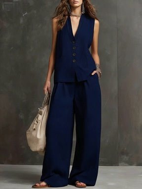 Women’s sleeveless vest and wide-leg pants two-piece set by FitiqueFit in multiple colors, casualwear outfit for stylish comfort.