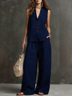 Women’s sleeveless vest and wide-leg pants two-piece set by FitiqueFit in multiple colors, casualwear outfit for stylish comfort.