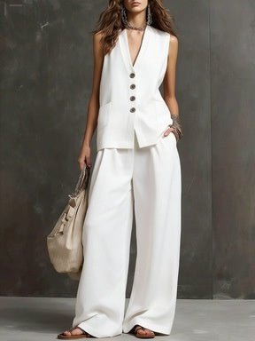 Women's sleeveless vest and wide-leg pants two-piece set by FitiqueFit in various colors, casual wear, XS to 3XL.