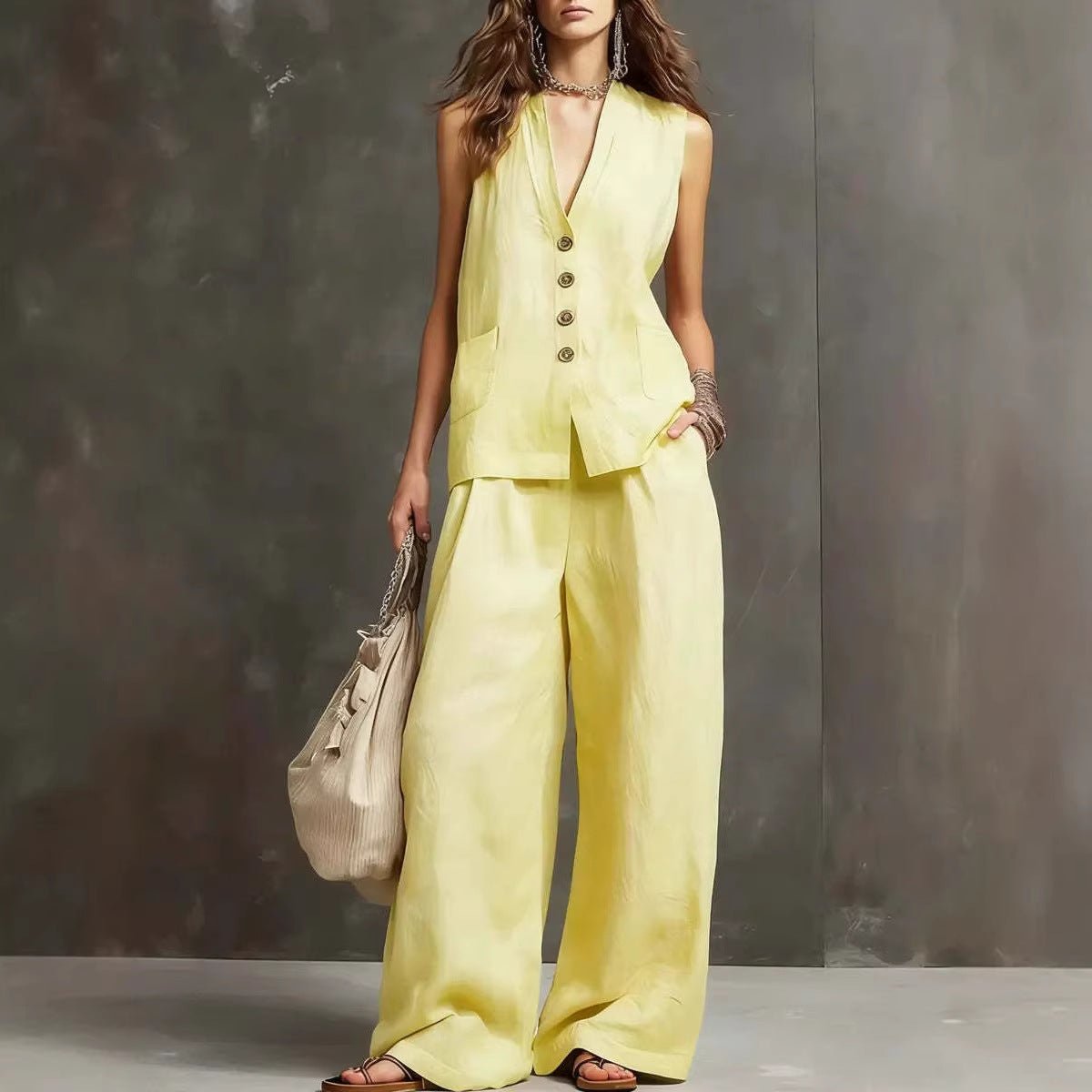 Women's sleeveless vest and wide-leg pants two-piece casualwear set by FitiqueFit in various colors, featuring a stylish and comfortable design.