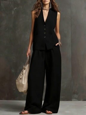 Casual women's sleeveless vest and wide-leg pants two-piece set by FitiqueFit in multiple colors, available in XS to 3XL.