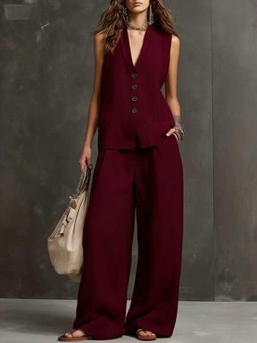 Women's sleeveless vest and wide-leg pants casualwear set by FitiqueFit in 10 colors, featuring stylish and comfortable design.