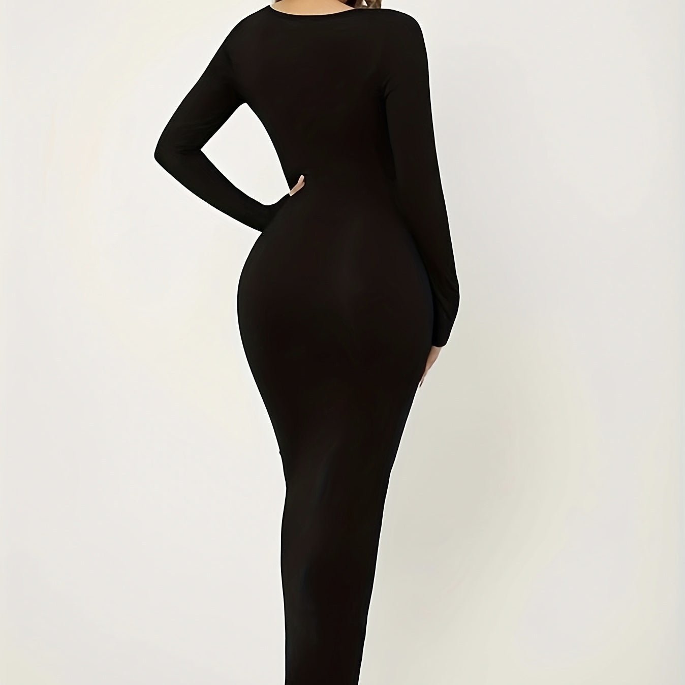 Women's FitiqueFit slim-fit hip-hugging bodycon dress, sleek and stylish casualwear, form-fitting design in black fabric.