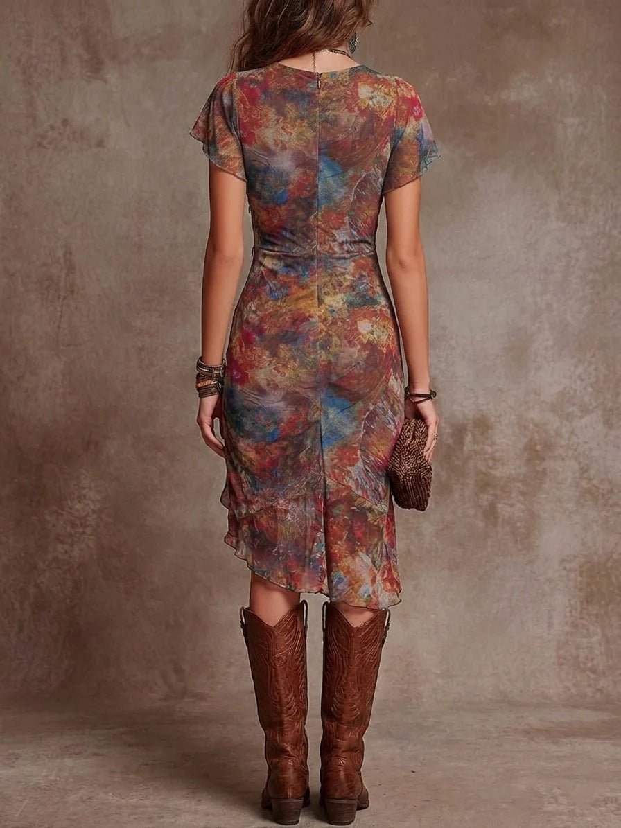 Women’s slim-fit printed V-neck waist dress by FitiqueFit, casualwear with a flattering silhouette and vibrant print.