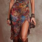 Women's slim-fit printed V-neck waist dress by FitiqueFit, casualwear with a stylish V-neck and defined waist silhouette.