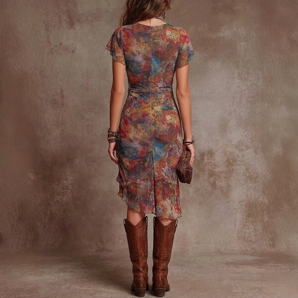 Women’s slim-fit printed V-neck casual dress with a defined waist by FitiqueFit, featuring a stylish and comfortable design.