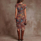 Women’s slim-fit printed V-neck casual dress with a defined waist by FitiqueFit, featuring a stylish and comfortable design.