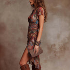 Women's slim-fit printed V-neck casual dress by FitiqueFit with a defined waist, perfect for stylish everyday wear.