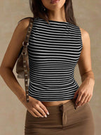 Women’s slim fit striped vest top by FitiqueFit, casualwear, featuring a sleeveless design with horizontal stripes and a fitted silhouette.