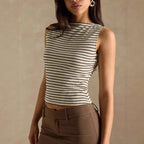 Women’s slim fit striped vest top by FitiqueFit, casualwear with a fitted silhouette and stylish vertical stripe pattern.