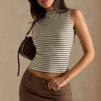 Women’s slim fit striped vest top by FitiqueFit, casualwear, shown in a close-up of lightweight fabric with vertical stripes.