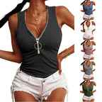 Women's slim-fit zipper vest top by FitiqueFit, casualwear, shown in black with front zipper and sleeveless design.