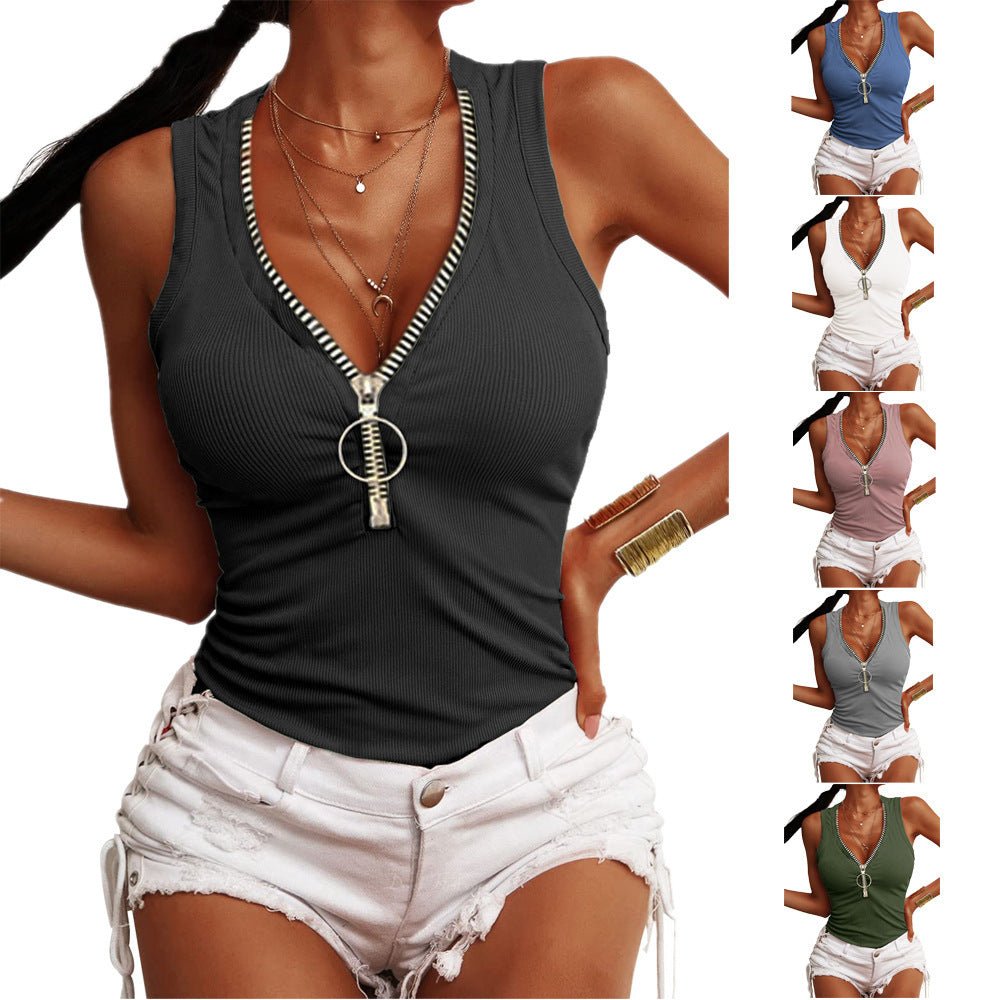 Women's slim-fit zipper vest top by FitiqueFit, casualwear, shown in black with front zipper and sleeveless design.