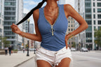 Women’s slim-fit zipper vest top by FitiqueFit, casualwear sleeveless vest with front zipper and fitted silhouette.
