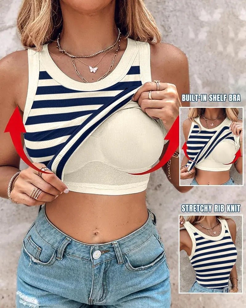 Women's slim striped vest with bralette, chic sleeveless tank top by FitiqueFit, casualwear featuring a stylish striped design.