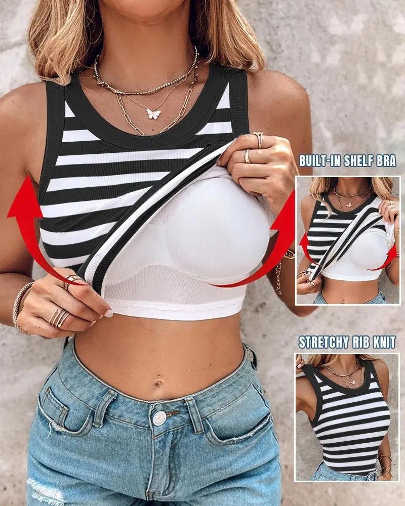 Women's slim striped vest with bralette, chic sleeveless tank top by FitiqueFit, featuring a stylish casualwear layered look.