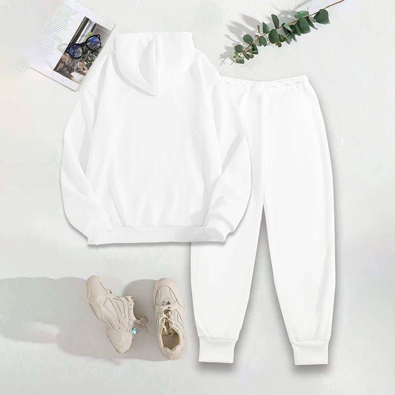 Women's solid 2-piece hoodie set with letter print and front pocket, stylish and comfortable FitiqueFit hoodie outfit.
