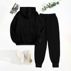 Women's solid 2-piece hoodie set from FitiqueFit featuring letter print design and front pocket, casual and comfortable apparel.