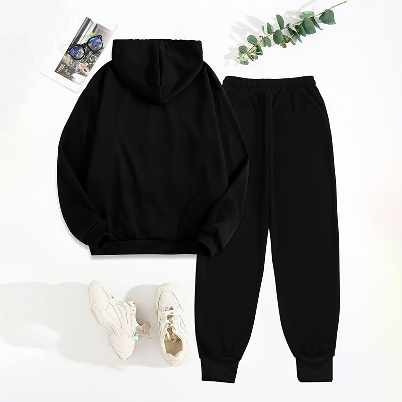 Women's solid 2-piece hoodie set from FitiqueFit featuring letter print design and front pocket, casual and comfortable apparel.
