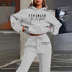 Women's solid 2-piece hoodie set with letter print and front pocket by FitiqueFit, featuring a cozy hoodie and matching pants.