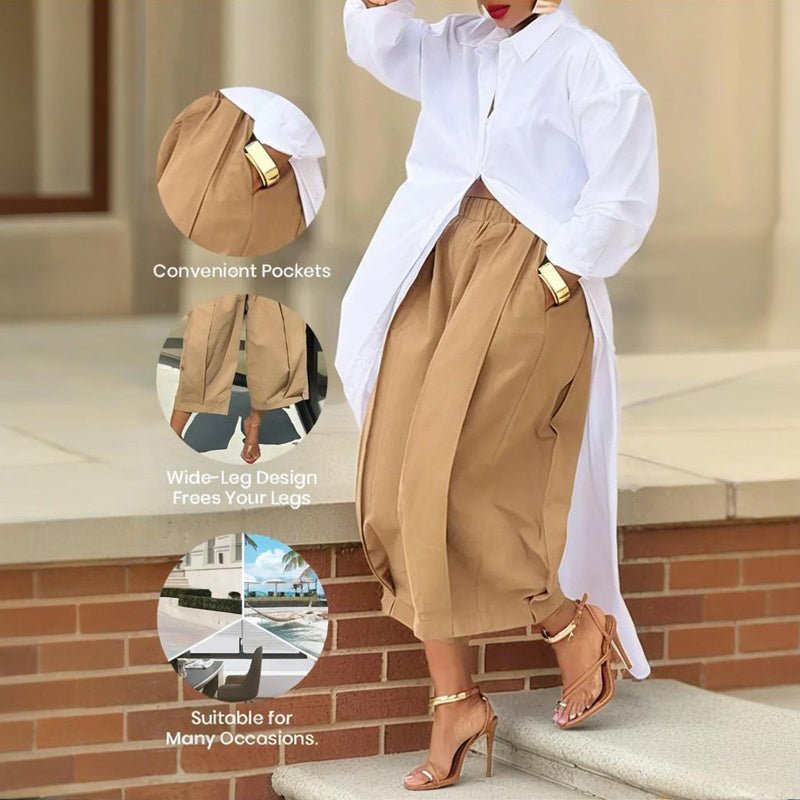 Women's solid color cotton wide-leg cropped pant by FitiqueFit, showing relaxed fit and comfortable casualwear style.