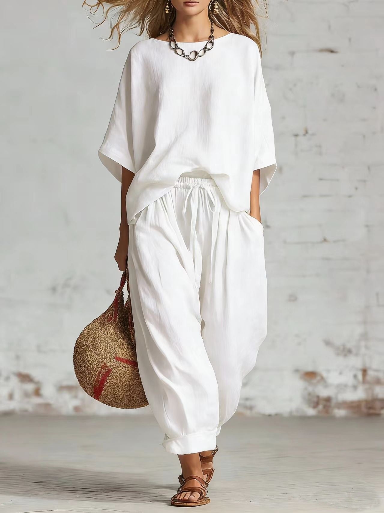 Women's solid color casual set by FitiqueFit, includes a loose T-shirt and ankle pants, perfect for comfortable everyday wear.