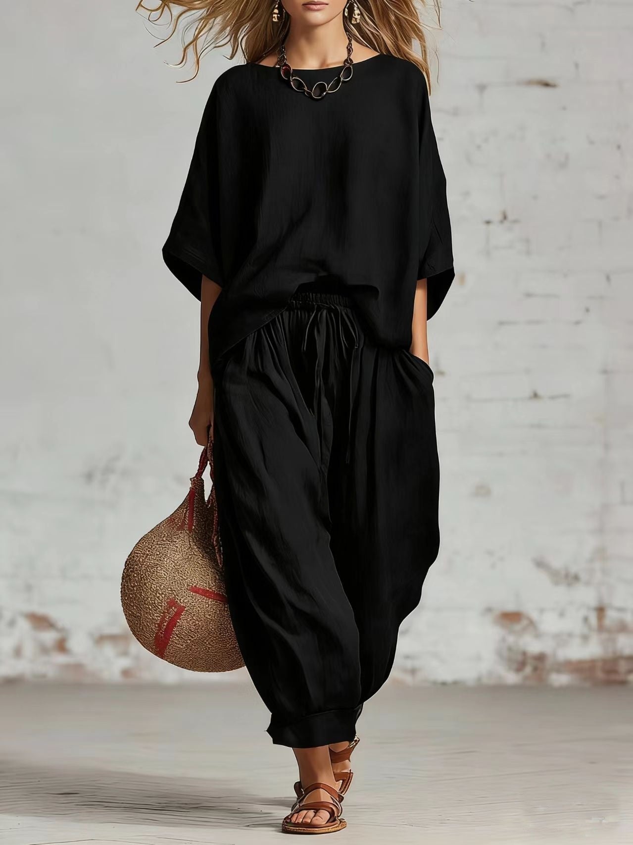 Women's solid color loose casual set with T-shirt and ankle pants by FitiqueFit, displayed on a model.