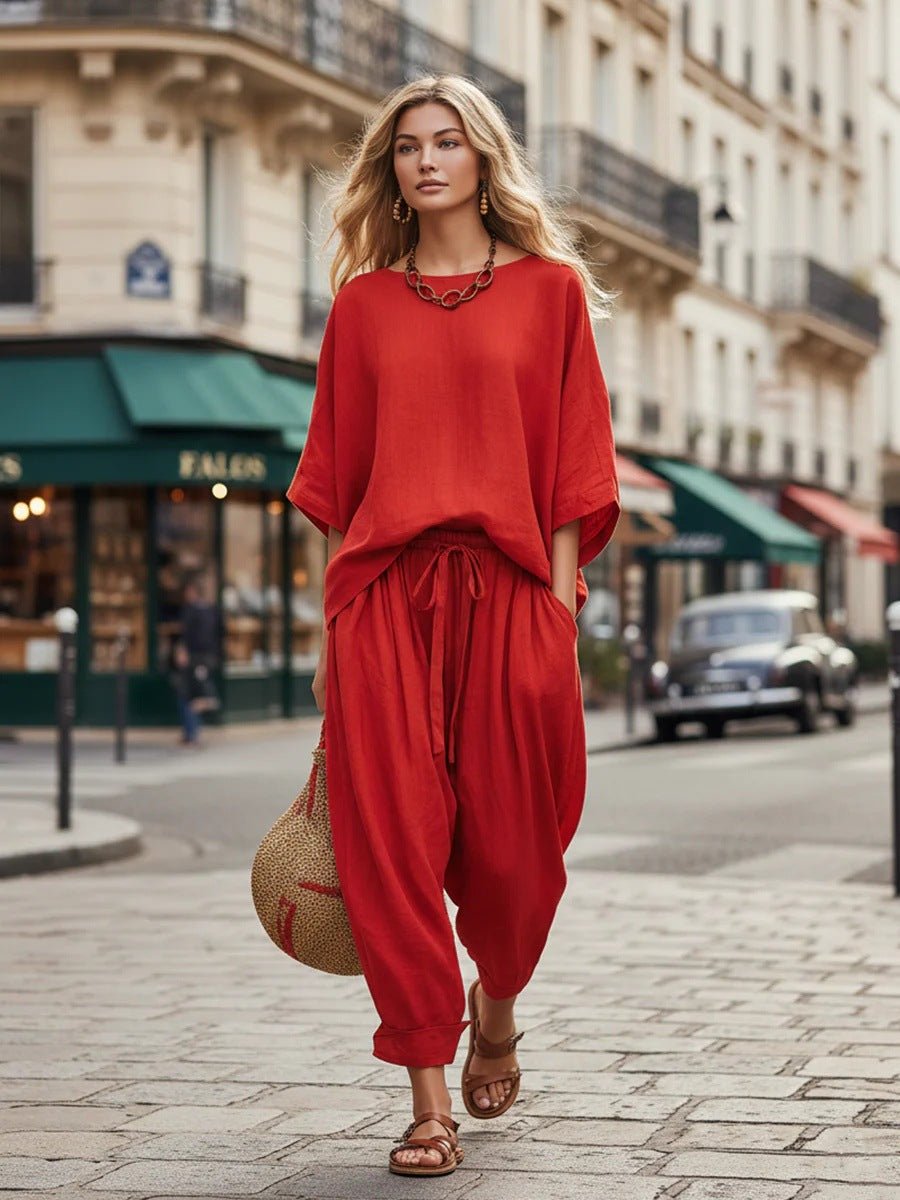 Women's solid color loose casual set with T-shirt and ankle pants by FitiqueFit, shown in a relaxed fit, comfortable casualwear.