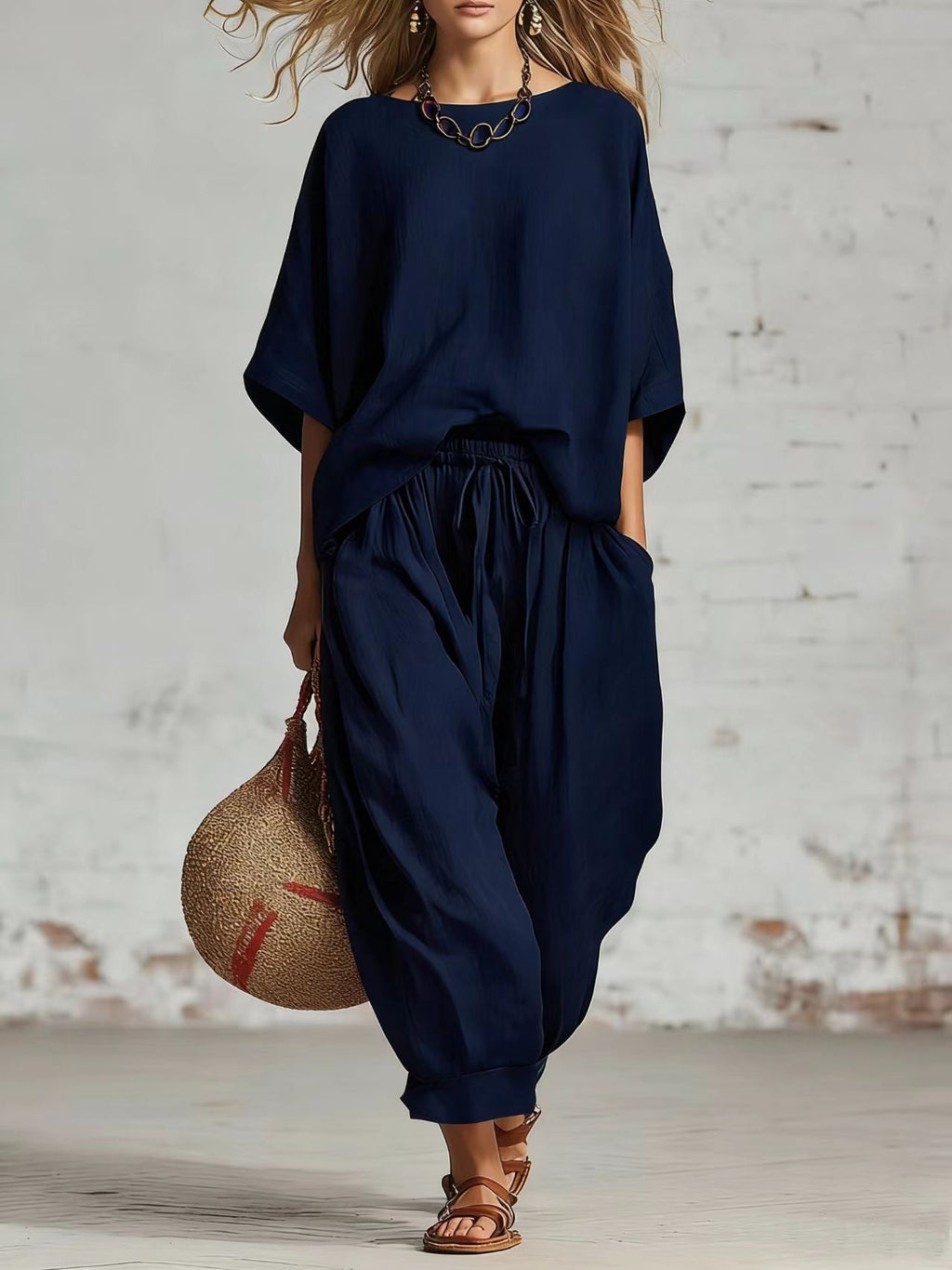 Women's solid color casual set with loose t-shirt and ankle pants by FitiqueFit, perfect for comfortable everyday wear.