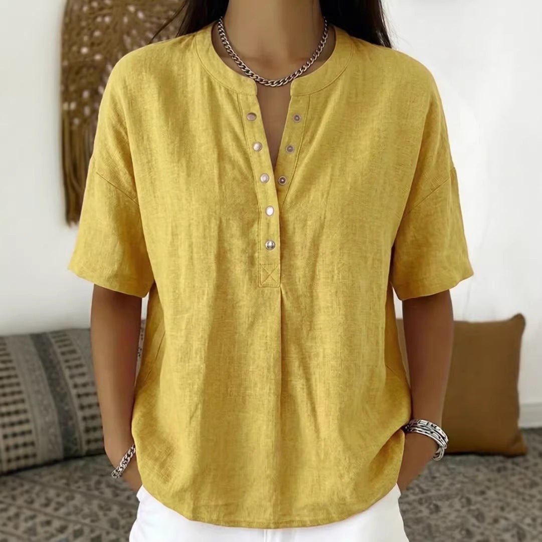 Women's solid color loose-fit short-sleeve pullover top by FitiqueFit, casual wear with a relaxed fit and simple design.