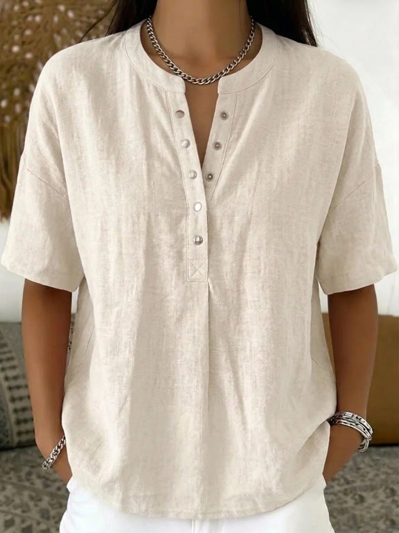 Women's solid color loose-fit short-sleeve pullover top by FitiqueFit, casualwear style, shown in a relaxed fit design.