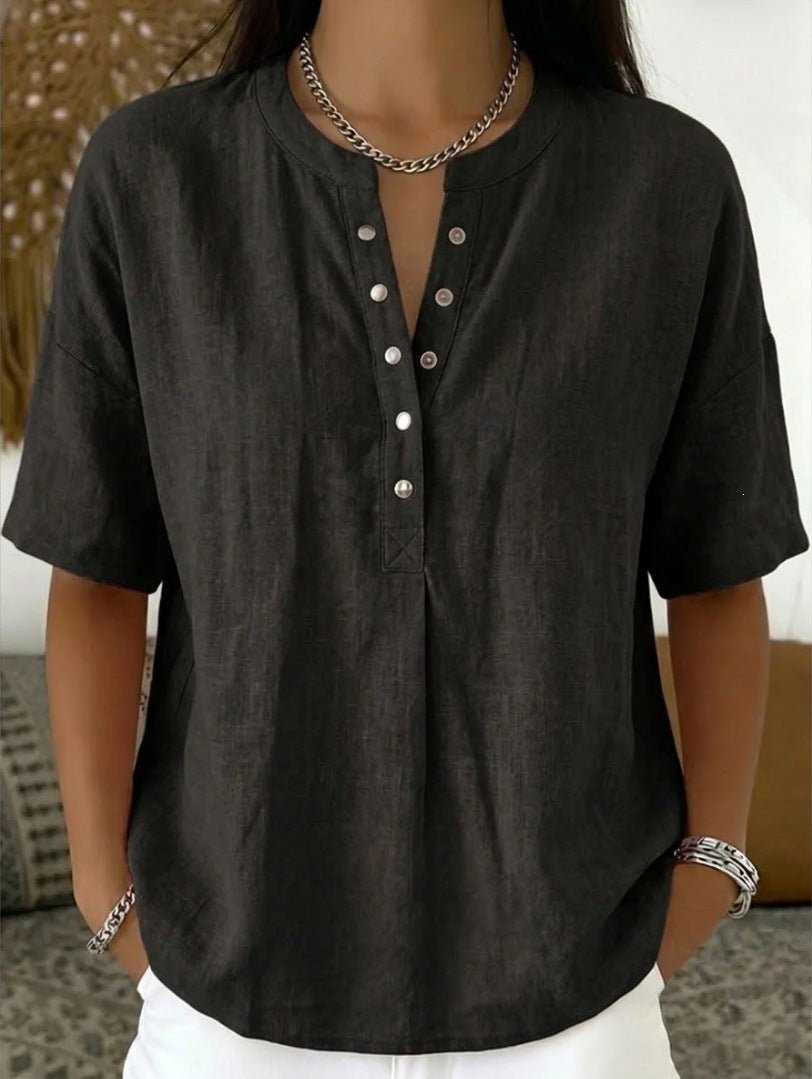 Women's solid color loose-fit short-sleeve pullover top by FitiqueFit, casualwear with a relaxed fit and simple round neckline.