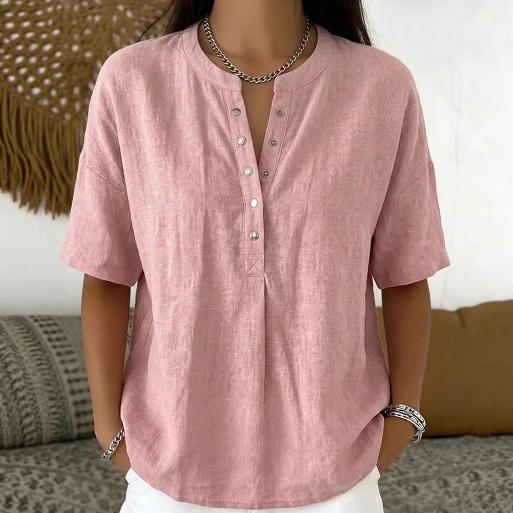 Women's solid color loose-fit short-sleeve pullover top from FitiqueFit, casualwear with a relaxed fit and simple neckline.
