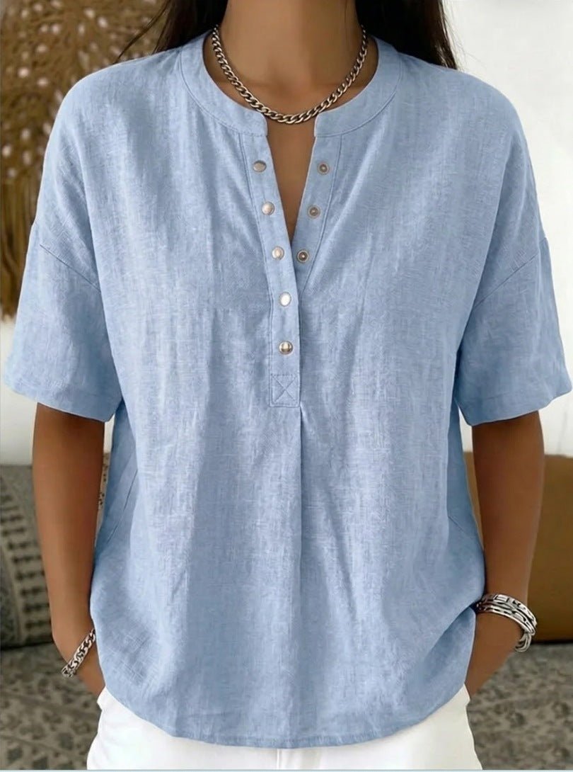 Women's solid color loose-fit short-sleeve pullover top by FitiqueFit, casualwear with a relaxed, comfortable fit.