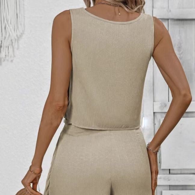 Women’s solid color off-shoulder lace-up shorts set from FitiqueFit, featuring casual wear style with a relaxed, stylish look.