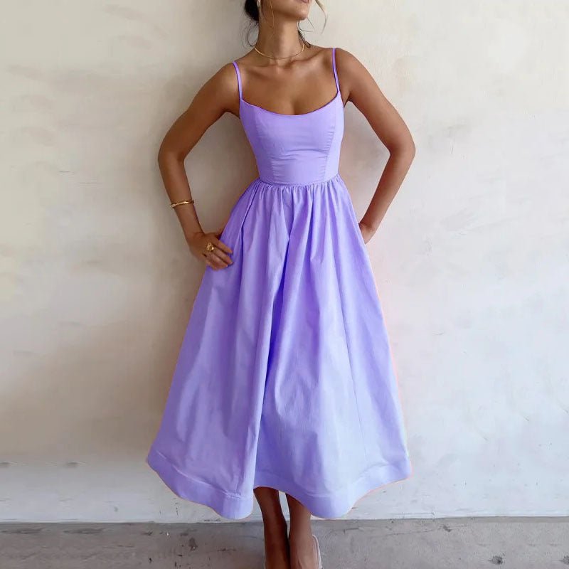 Women’s solid color printing sweet suspender dress, casualwear by FitiqueFit, featuring a fresh, vibrant design and comfortable fit.