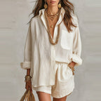 Women’s solid color shorts and shirt set by FitiqueFit, casualwear ensemble featuring matching top and bottoms for relaxed style.