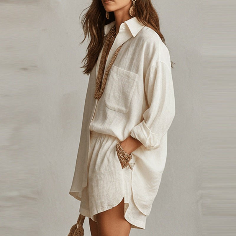 Women’s solid color casual shorts and shirt set by FitiqueFit, featuring a relaxed fit and comfortable fabric for everyday wear.