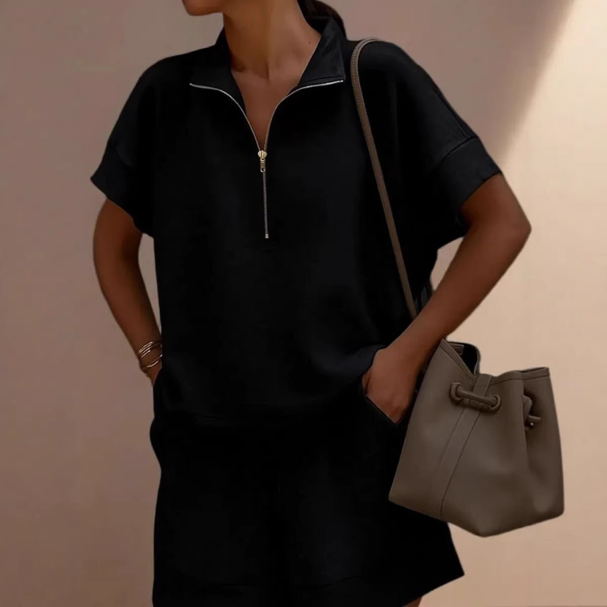 Women’s solid color casual sweatshirt set with short top and pants, made by FitiqueFit, perfect for relaxed everyday wear.