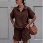 Women’s solid color sweatshirt set by FitiqueFit, featuring a casual short top and matching pants for comfortable everyday wear.