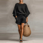 Women’s solid color T-shirt and shorts casualwear set by FitiqueFit, featuring a comfortable short-sleeve top and matching shorts.