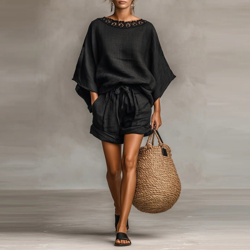 Women’s solid color T-shirt and shorts casualwear set by FitiqueFit, featuring a comfortable short-sleeve top and matching shorts.