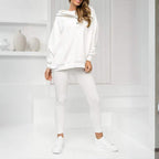 Women’s solid color three-piece casualwear set by FitiqueFit, featuring a top, pants, and matching jacket in neutral tones.