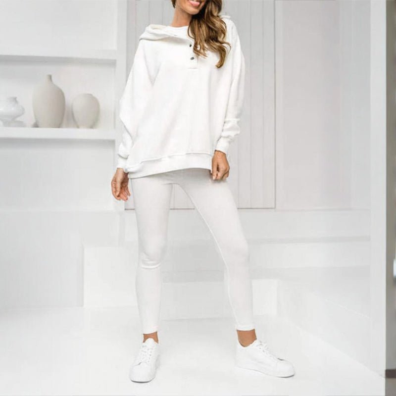 Women’s solid color three-piece casualwear set by FitiqueFit, featuring a top, pants, and matching jacket in neutral tones.