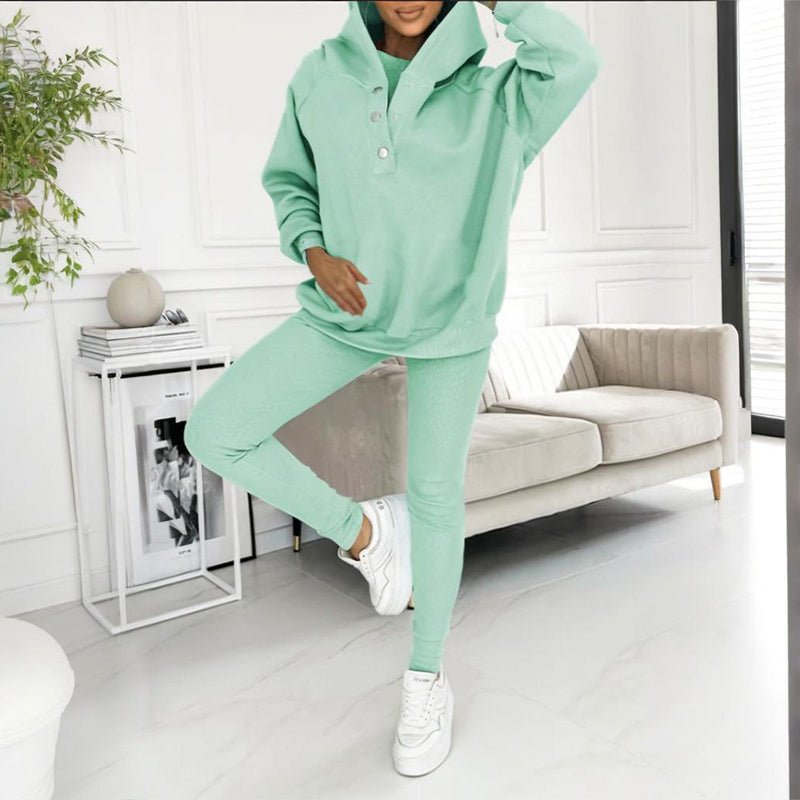 Women’s solid color three-piece casualwear set by FitiqueFit, featuring a top, pants, and cardigan in neutral tones.