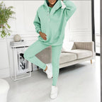 Women’s solid color three-piece casualwear set by FitiqueFit, featuring a top, pants, and cardigan in neutral tones.