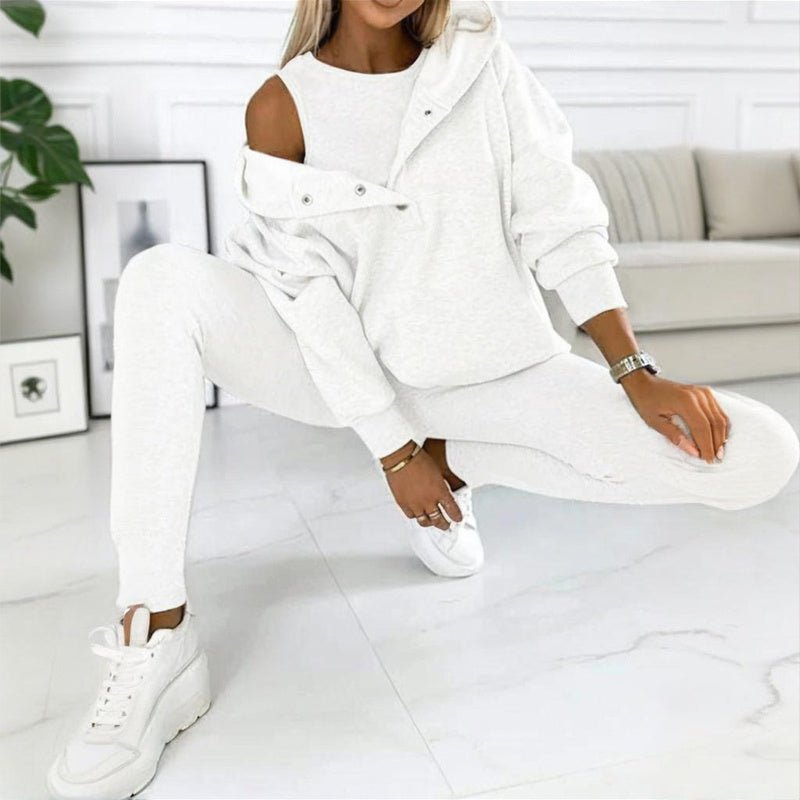 Women’s solid color three-piece casualwear set by FitiqueFit, featuring a comfortable top, pants, and matching jacket.