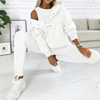 Women’s solid color three-piece casualwear set by FitiqueFit, featuring a comfortable top, pants, and matching jacket.