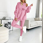Women’s solid color three-piece casualwear set by FitiqueFit, featuring a top, bottoms, and matching jacket.